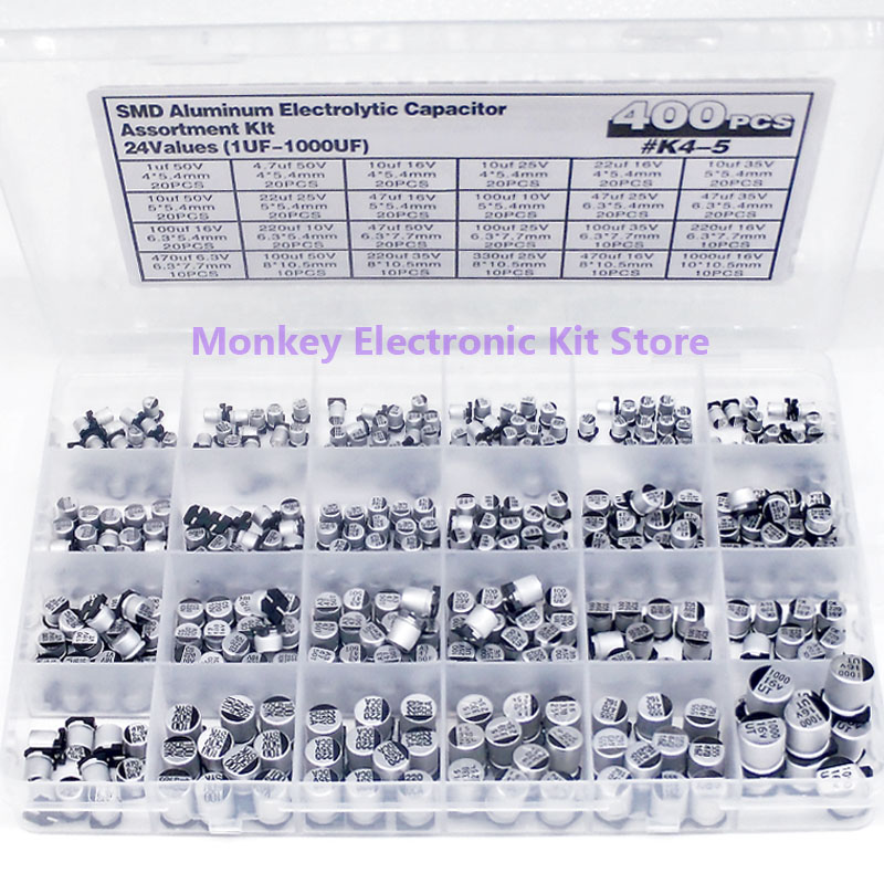 400PCS capacitor kit Aluminum Electrolytic SMD condensadores electrolíticos 1uF~1000uF 6.3V-50V 24Value with box kit de reparac