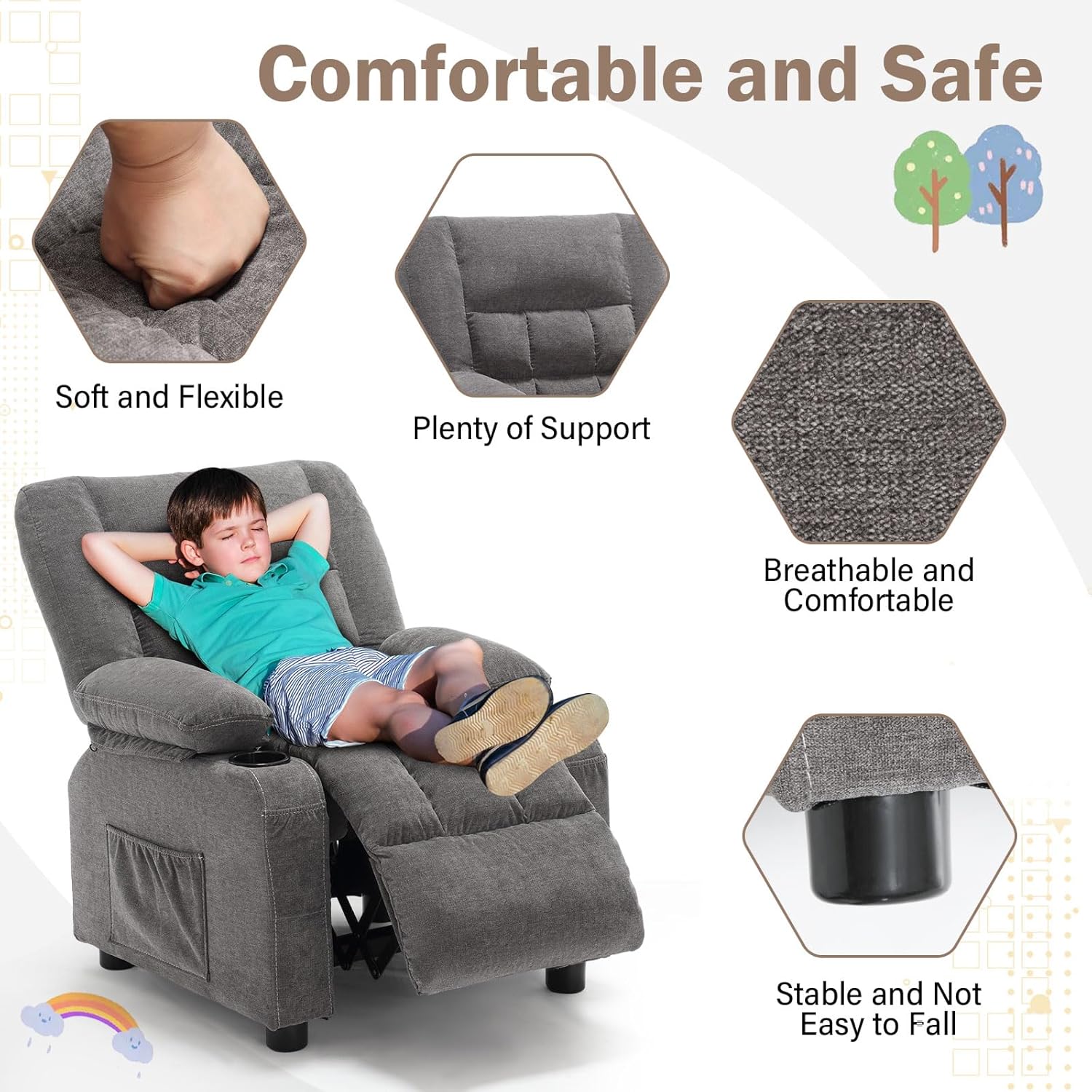 Kids Recliner Chair with Cup Holders, Adjustable Footrest & Headrest, Deep Grey