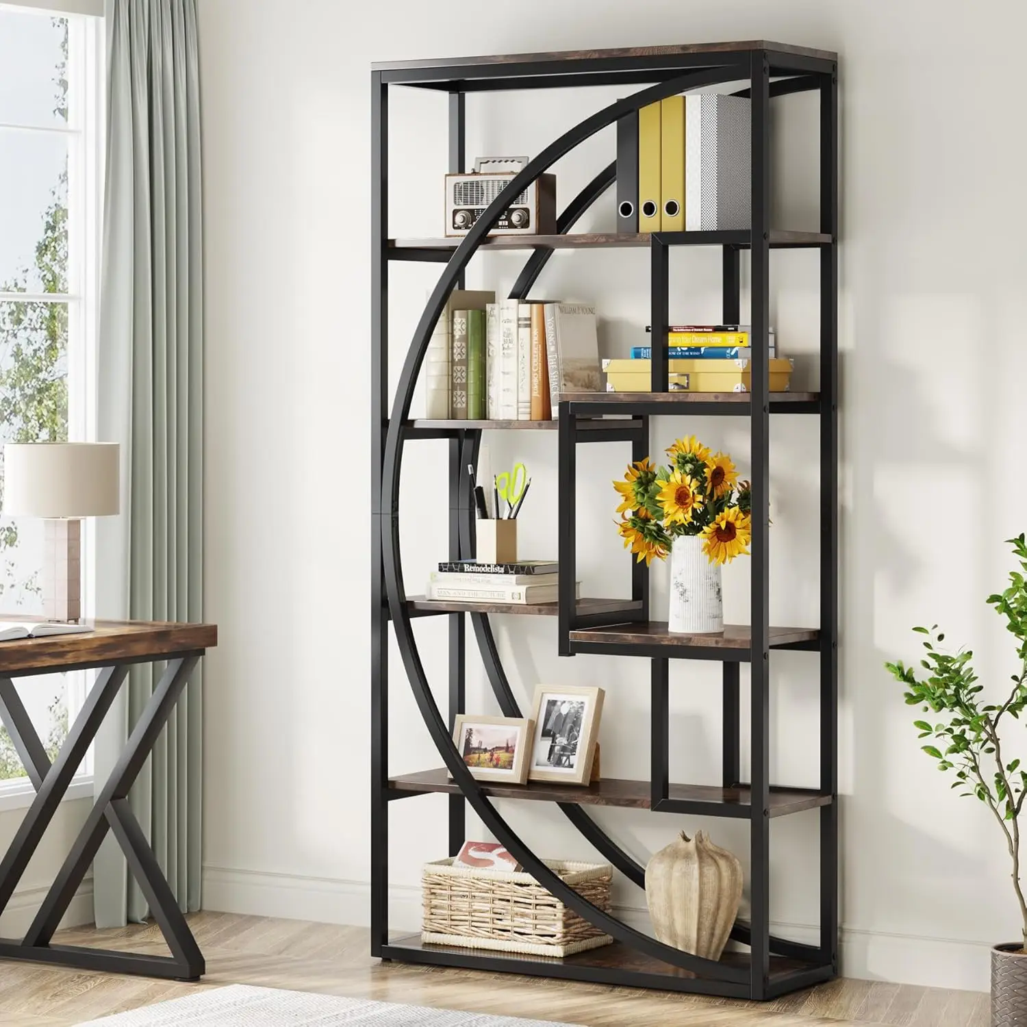 Bookshelf, 5-Tier Etagere Bookcase, 70.8 inch Tall Bookshelf with 8 Open Storage Shelf for Home Office Living Room, Rustic Brown