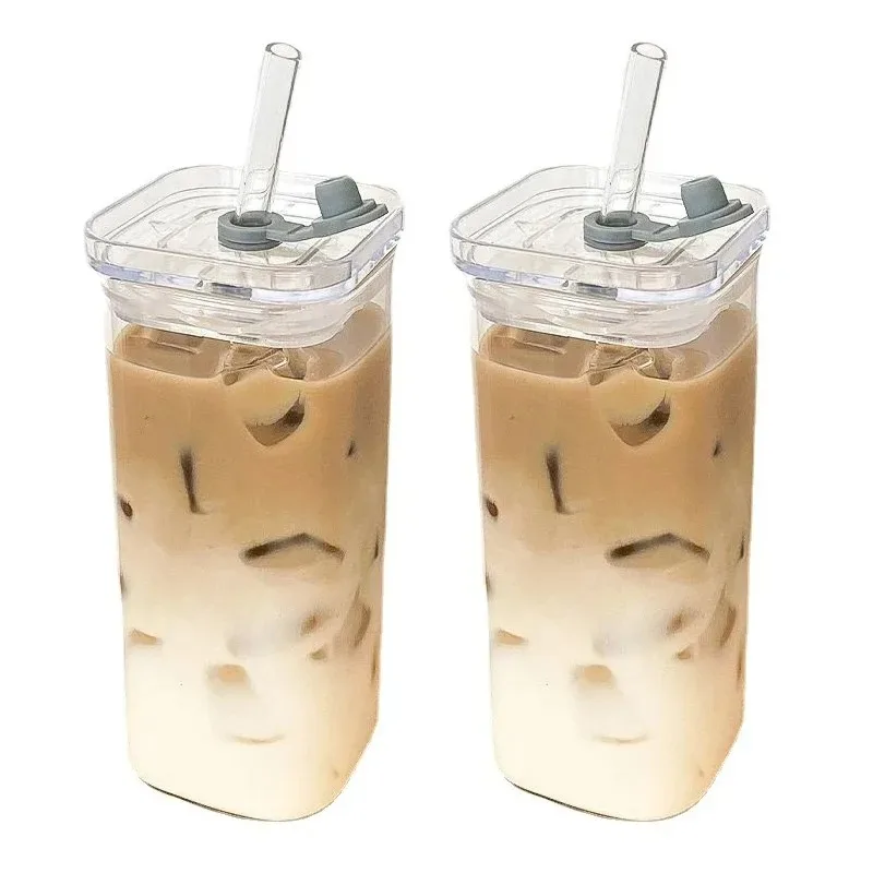 1 Stuks Vierkante Hittebestendige Koffie Glazen Beker Met Deksel En Stro Transparante Melk Thee Sap Kopjes Koffiemok Voor thuis Bar Drinkware