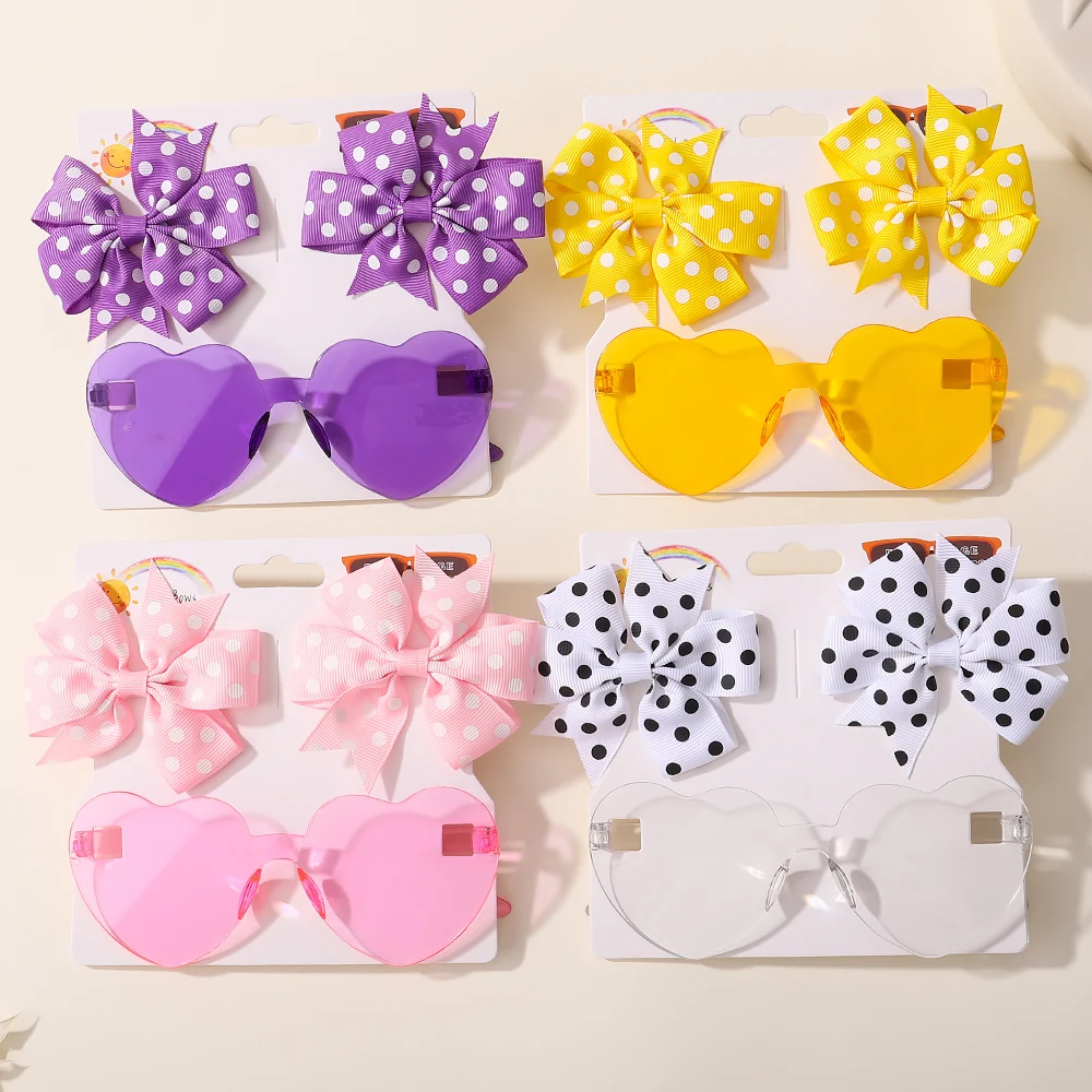 3 pçs/set crianças bonito sólido ponto hairpin colorido coração óculos de sol conjunto meninas boutique bowknot grampos de cabelo crianças acessórios para o cabelo