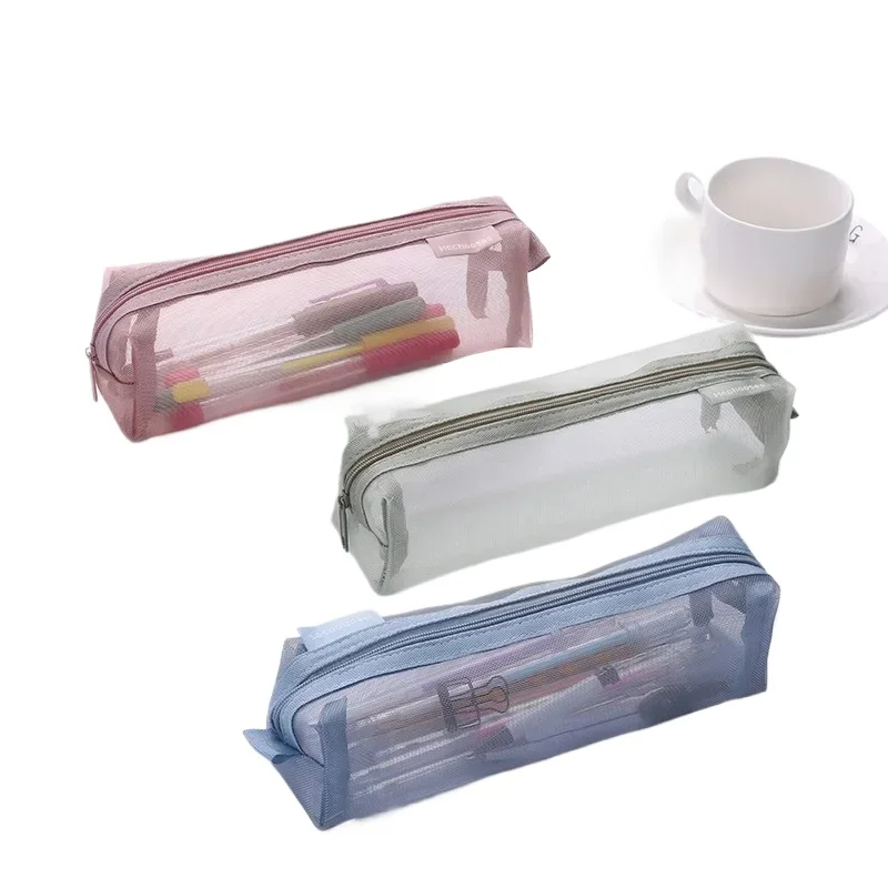 Bolsa para bolígrafos de malla Simple translúcida, bolsa de papelería para examen de estudiante, bolsa de almacenamiento de papelería portátil de gran capacidad, suministros de estudio