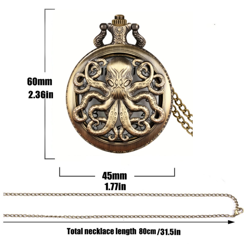 Unique Retro Bronze Octopus Pattern Design Quartz Pocket Watch With Necklace Chain Gift for Male Kids Chronograph Hombre Relojes