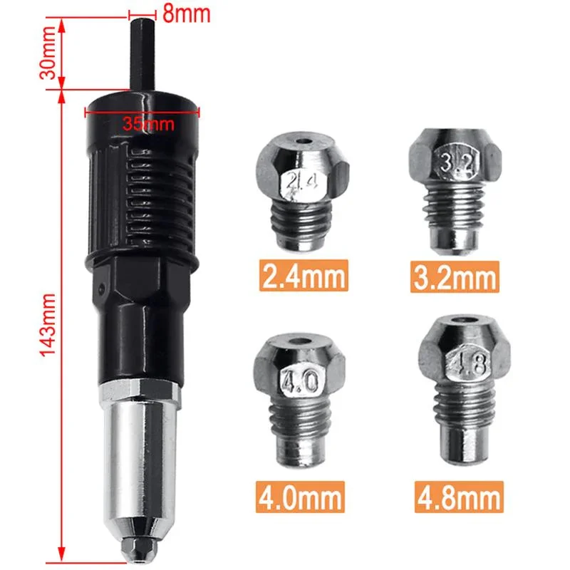 Electric Rivet Gun Drill Adapter 2.4mm-4.8mm Rivet Nut Gun Drill Adapter Cordless Riveting Tool Insert Nut Pull Rivet Tools