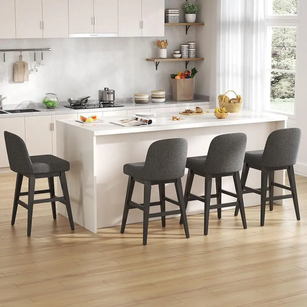 Modern 360° Swivel Bar Stools Set of 2 Counter Height Upholstered Stools with Backs Solid Wood Legs Kitchen and Bar