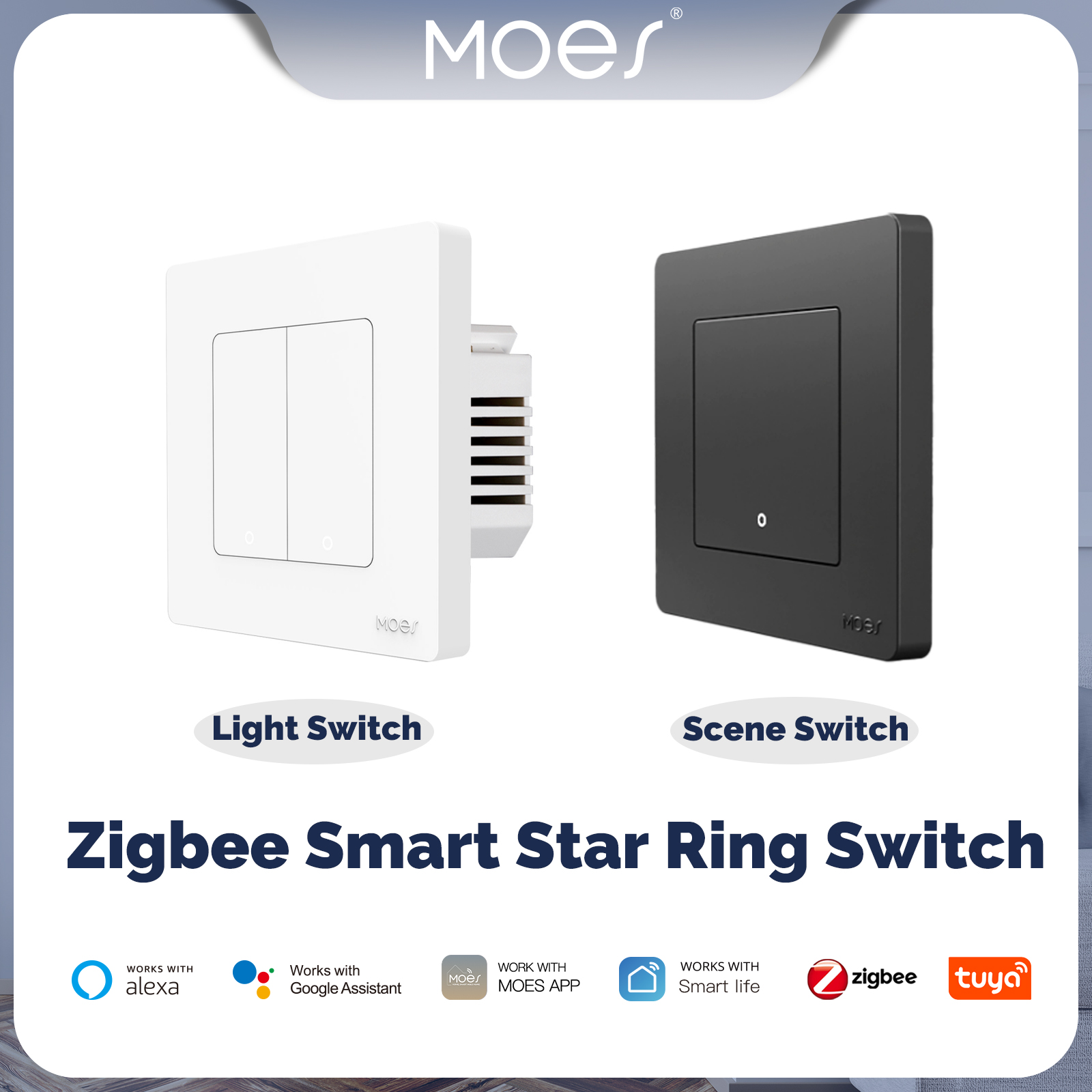 MOES interruptor de luz inteligente Tuya ZigBee Star Ring Series, sin cable neutro, sin condensador necesario, vida inteligente, funciona con Alexa y Google Home