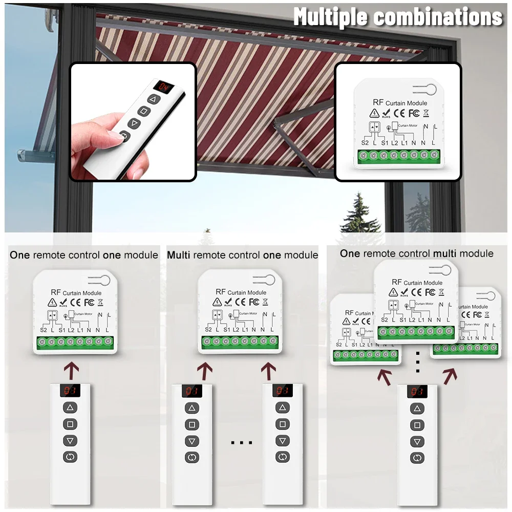 Interruptor elétrico da cortina com controle remoto, módulo do obturador do rolamento, 433MHz, 110V, 220V, 16A, 5CH, motor cego, porta da garagem