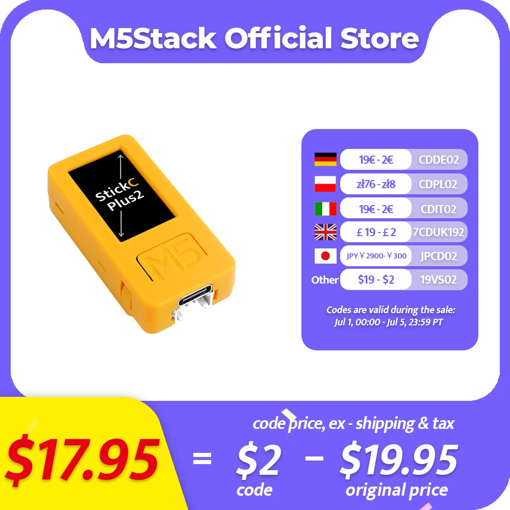 M5Stack M5StickC PLUS2 Kit de Desarrollo IoT Mini con ESP32-PICO-V3-02, Pantalla TFT 1.14", Wi-Fi, IMU 6 ejes, RTC, Micrófono, IR, Zumbador, LED, Batería 200mAh, para Arduino, UIFlow1/2, ESP-IDF, PlatformIO