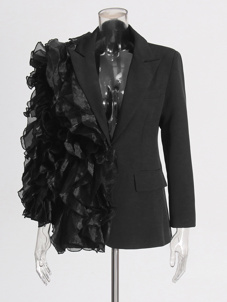 TWOTWINSTYLE Patchwork Ruffles Chic Blazers สําหรับผู้หญิง Notched คอยาวแขนยาว Spliced กระเป๋า Designer Blazer หญิงแฟชั่น