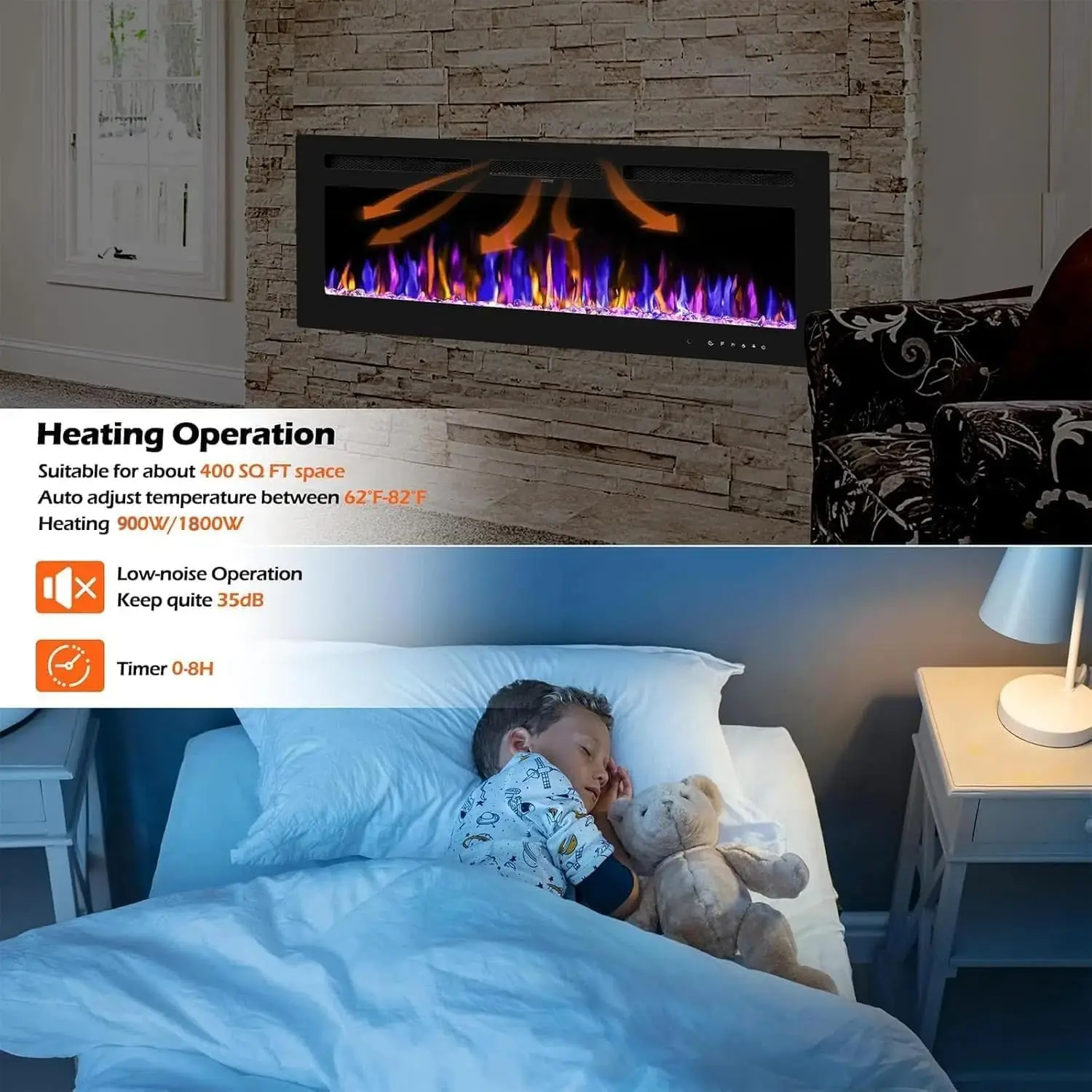Lareira elétrica, 3 em 1 3D montada na parede com aquecimento de 1800 W/12 modos de cor LED com efeito de chama/controle remoto/temporizador de até 12 horas