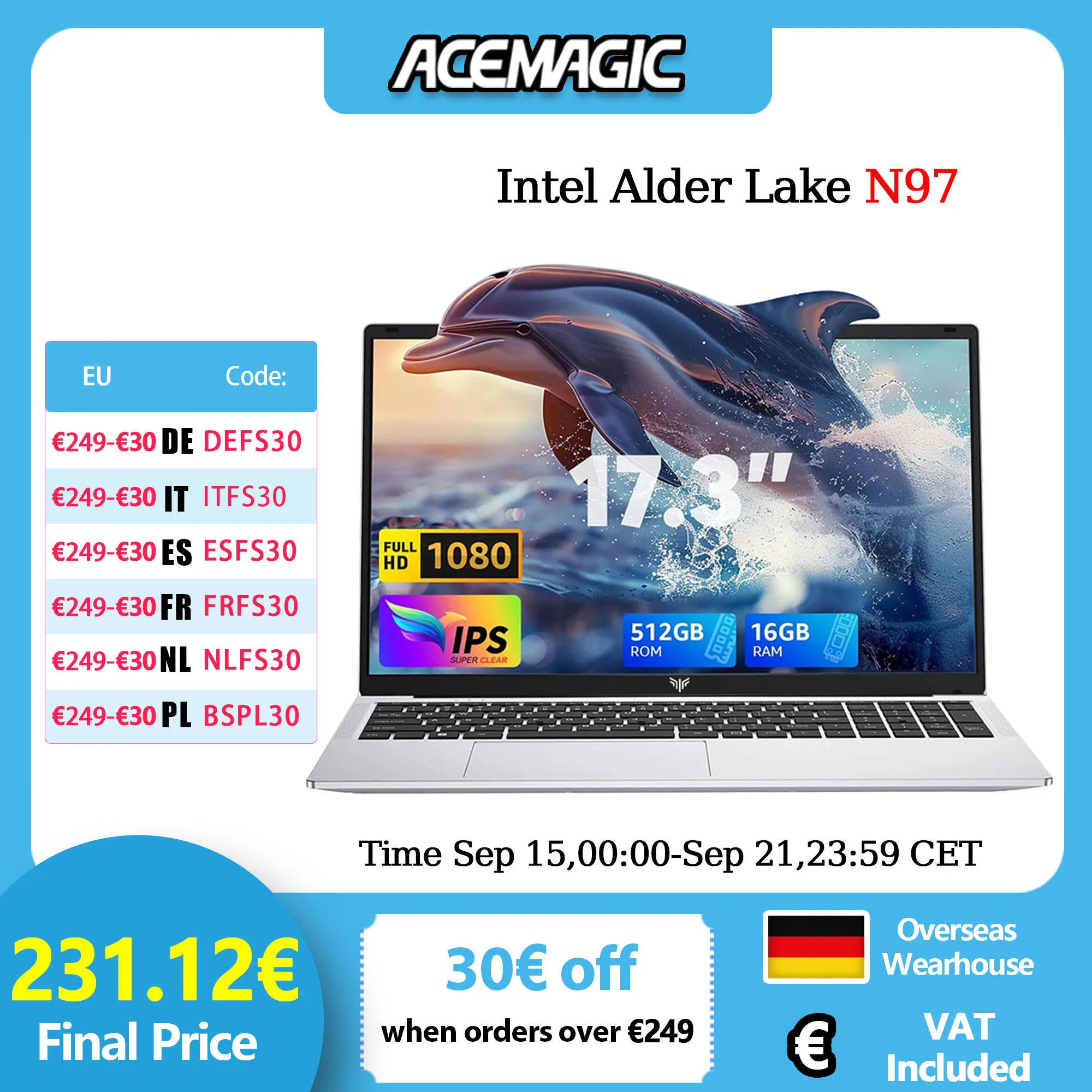 Laptop KAIGERR AX17 da 17,3 pollici, Intel N97, 16 GB di RAM, 512 GB SSD, Windows 11 Pro, Wi-Fi 6, BT5.2, batteria da 6000 mAh