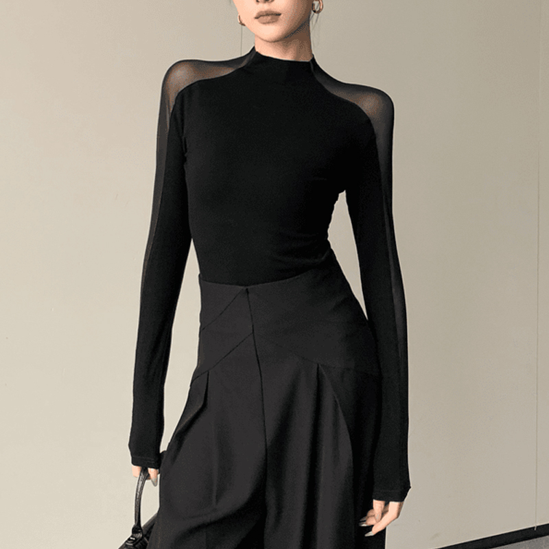 Ropa de mujer moda coreana Sexy transparente malla Patchwork Camiseta básica Oficina señora elegante negro manga larga Tops ajustados