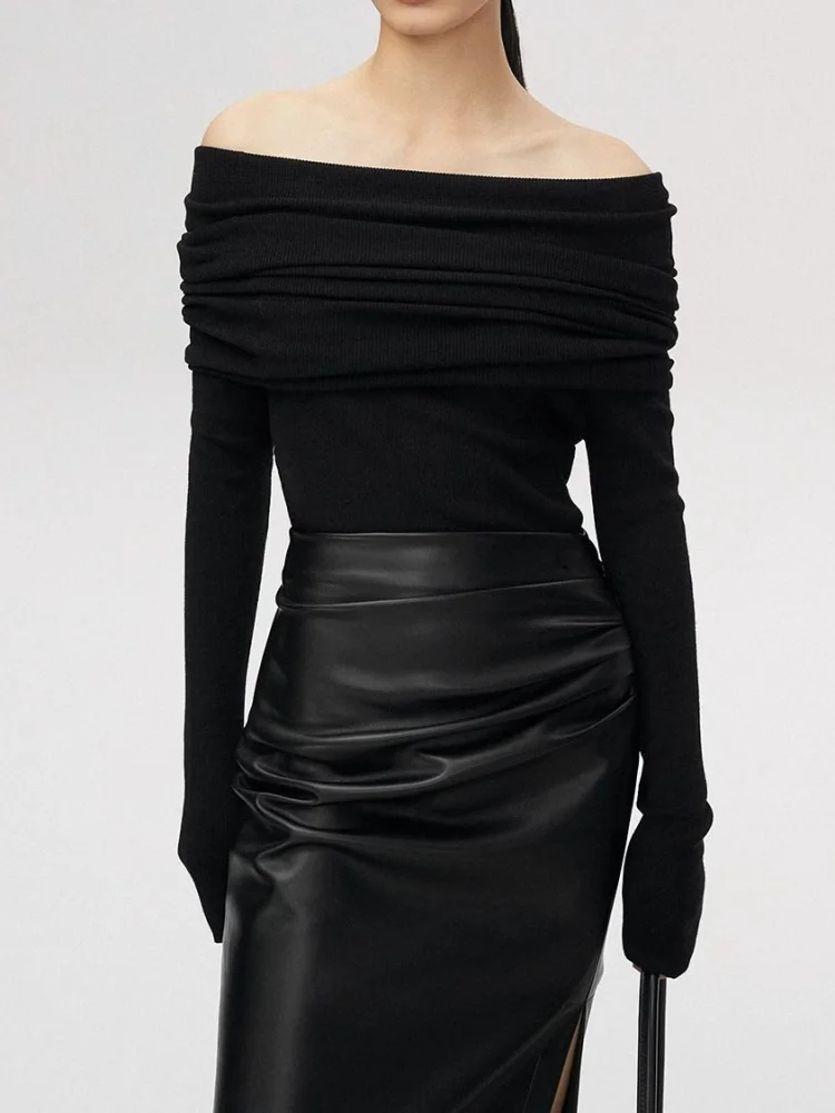 Slashคอเสื้อกันหนาวผู้หญิงเสื้อถักSlim Basic All-Matchเซ็กซี่ปิดไหล่ฤดูใบไม้ร่วงฤดูหนาวแขนยาวPulloversหญิง