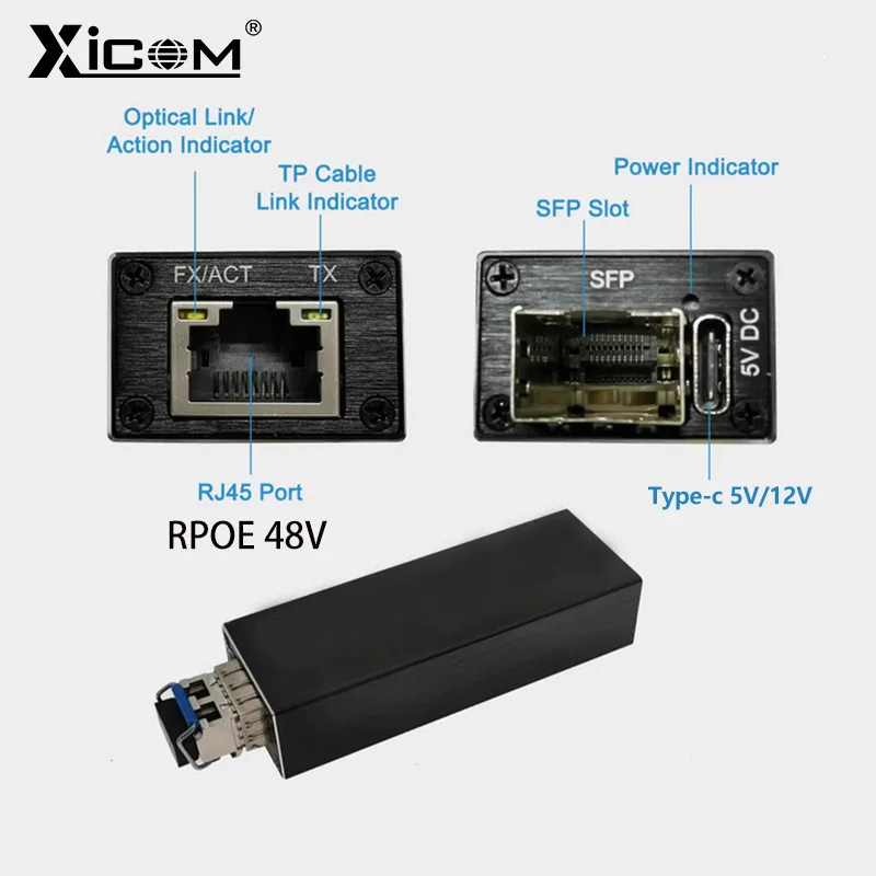 Xicom Mini RPOE 1.25G Slot convertitore multimediale Modulo ricetrasmettitore SFP Ingresso 5 V CC Tipo C 1 slot SFP 1 RJ45 Ethernet Switch in fibra SFP