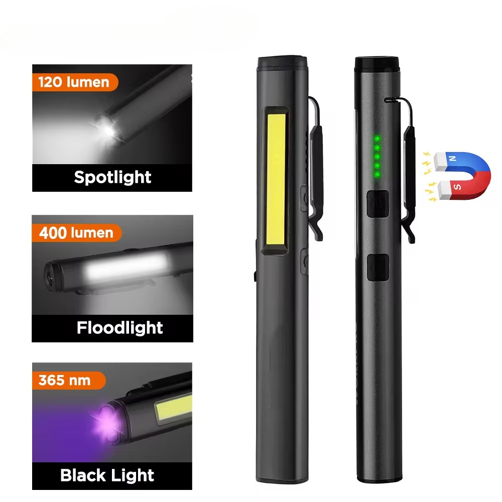 Multifunktionale 4-in-1-LED-Taschenlampe, Mini-USB, wiederaufladbar, 800 mAh, Stiftclip-Taschenlampe, 365 nm, UV-Licht, COB, Camping, Arbeit, Reparatur