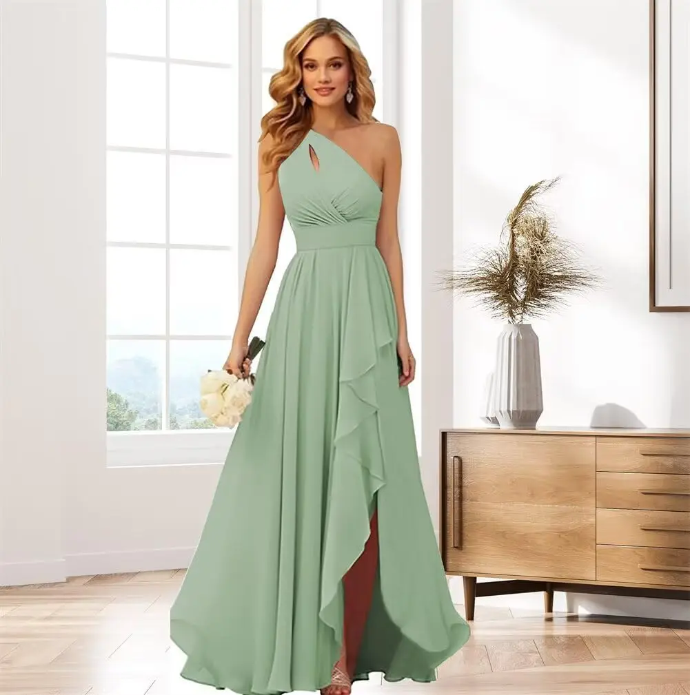 Custom Made Simple One Shoulder Chiffon Bridesmaid Dresses with Slit for Wedding Ruffle Prom Formal Dress Evening Dresses