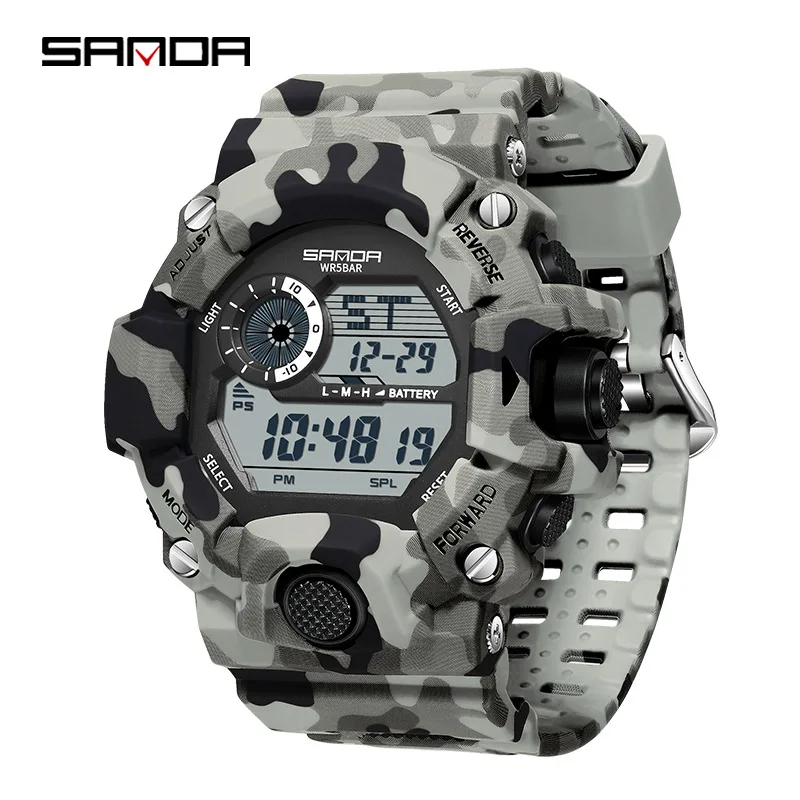 SANDA 2183 Reloj electrónico Moda Camuflaje militar Impermeable Deportes al aire libre Pantalla digital Relojes de pulsera con correa de silicona para hombres