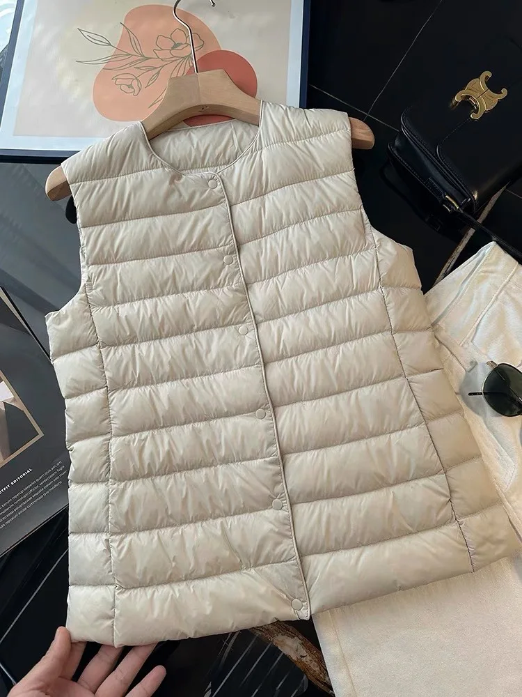 Feminino sem mangas leve para baixo jaqueta colete 2025 outono e inverno wear feminino commuter colete quente jaqueta