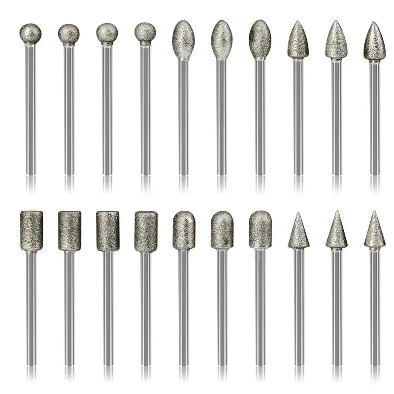 20 piezas cabezales de molienda de diamante de 3mm, Mini broca para herramienta de taladro rotativo, accesorios de molienda de rebabas, Kit de herramientas de vástago, herramienta abrasiva