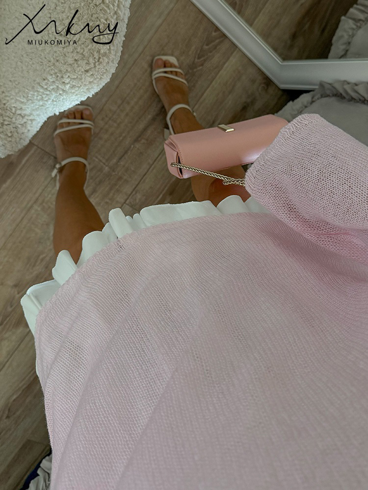 赤 Tシャツオーバーサイズ薄型ニットプルオーバー女性の夏のトランペット長袖 Tシャツ女性のためのルーズトップ Tシャツ透明セーター