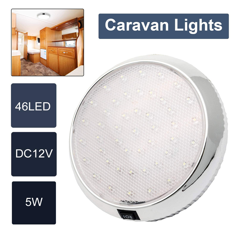 12V 46 LED Car Interior Reading Roof Light  Round Ceiling Dome Lamp On Off Switch  White for Camper Van Caravan Off Road Boat RV