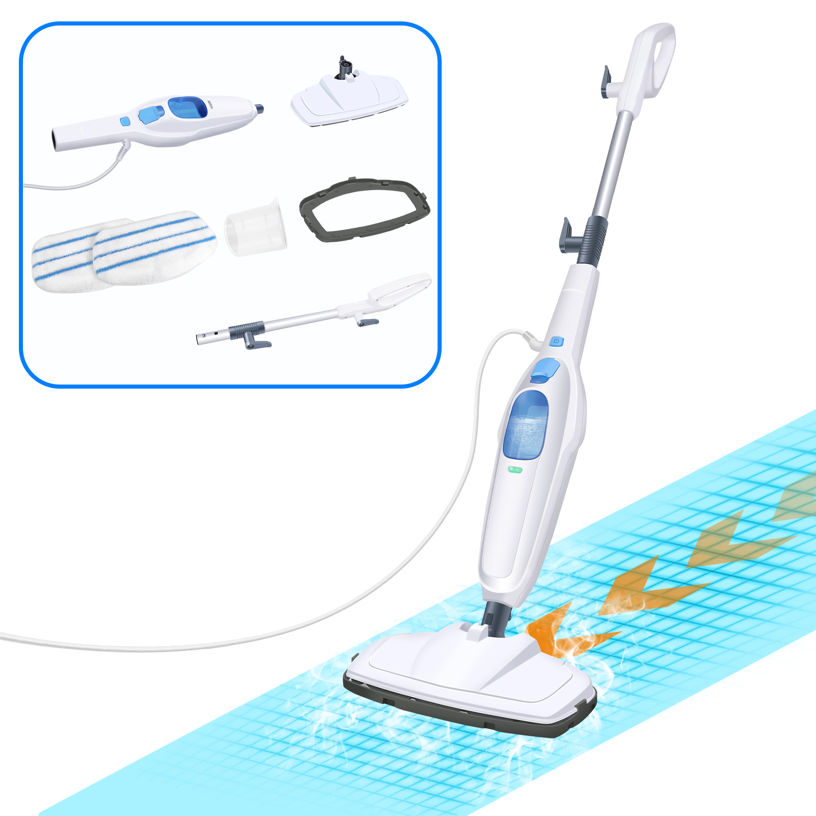 DayPlus Dampfwischer und abnehmbarer Dampfreiniger, 1500 W Bodendampfer für Teppich, Laminat, Hartholz, Fugenmörtel, Fliesen, Marmor, 400 ml Tank