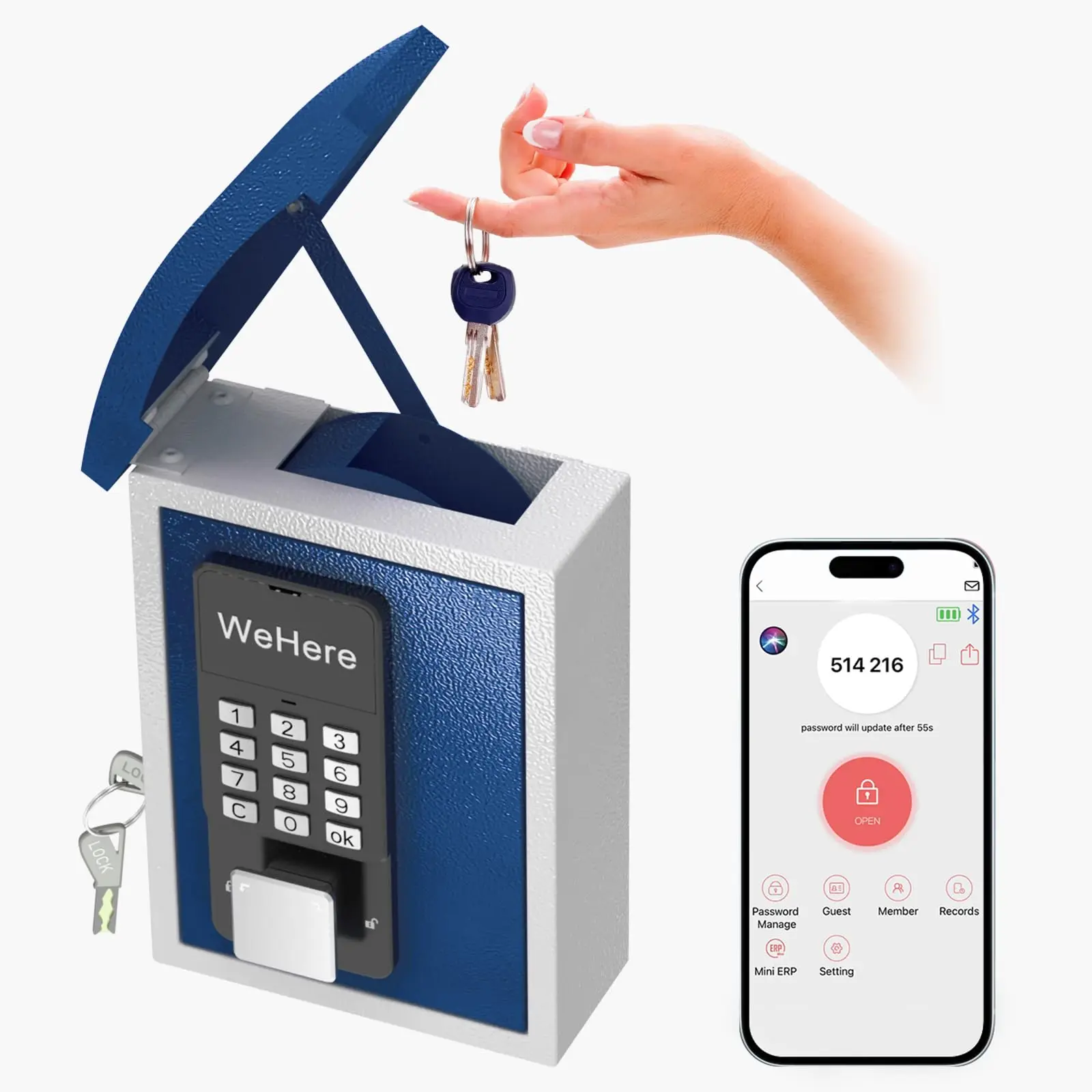Caixa de bloqueio de chave de controle remoto com senha, montagem na parede com slot para chave, caixa de armazenamento de chave inteligente, seguro otp/app bluetooth/desbloqueio de código
