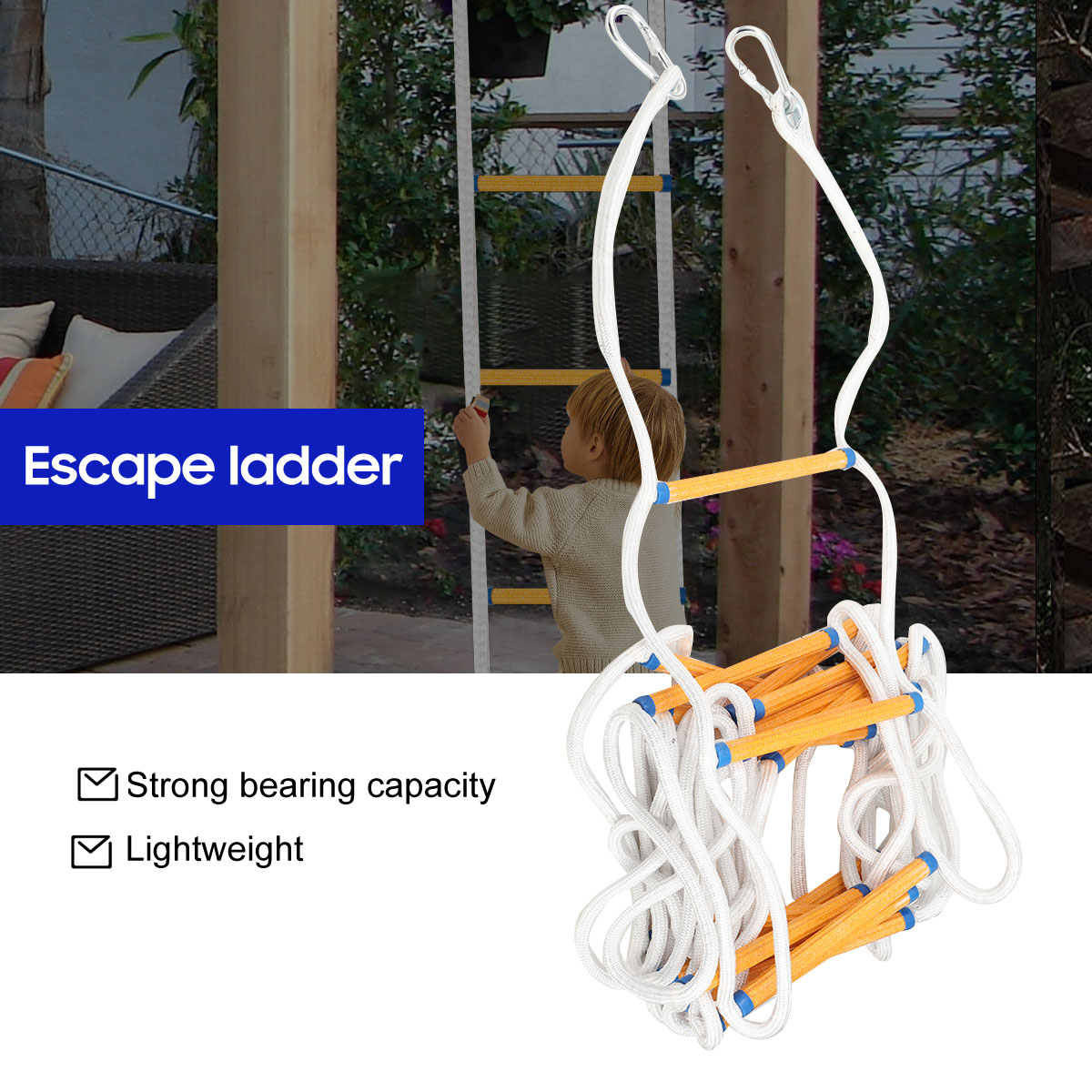 Scala di salvataggio ignifuga da 10 m Scala di corda con 2 moschettoni per il salvataggio dei vigili del fuoco per strumenti di salvataggio antincendio dell'albero della casa a 3-4 livelli