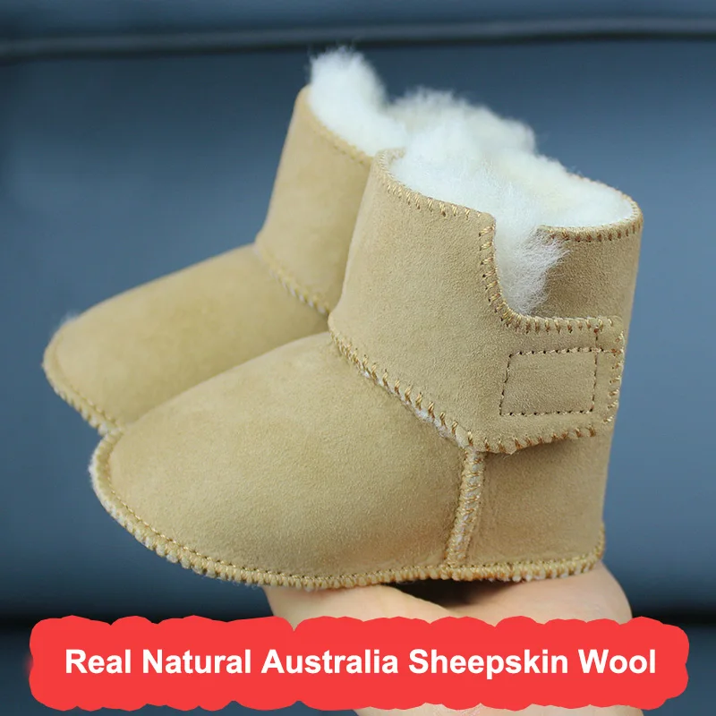 ใหม่ของแท้หนัง Soild ห่วงตื้นฤดูหนาว Super Warm Snow Boot ขนสัตว์เด็กทารก First Walkers