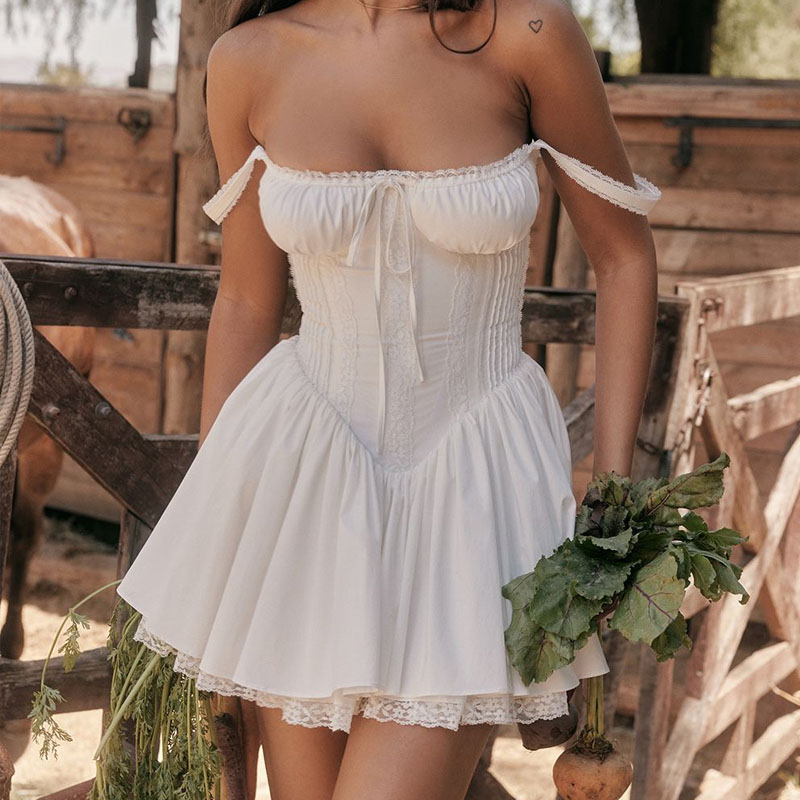 2024 nueva moda de verano sin mangas vendaje vestido de fiesta de encaje blanco de algodón ropa informal suelta estampado de cintura alta vestido Sexy F00068