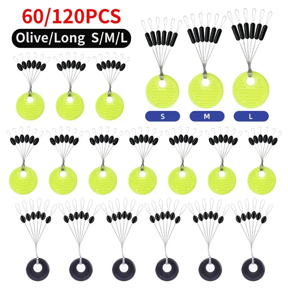 60 Stks/set 10 Groep Rubber Space Beans Stop Ovale/Lange Kolomvormige Vislijn Space Beans Verticale Bonen Vis Bobber Tools