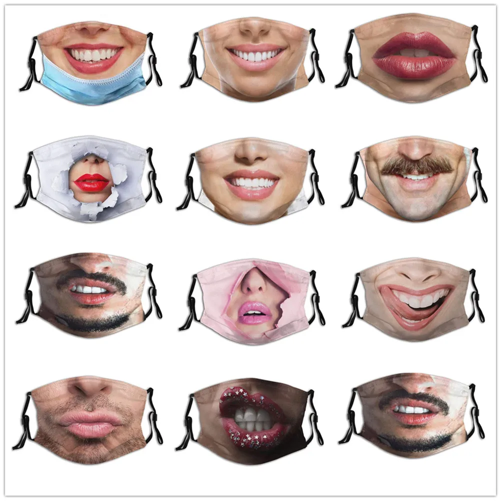 Personalizado social engraçado 3d expressão facial máscaras mulheres homens baile de formatura festa passeio respirável boca máscara facial criativo impresso máscaras