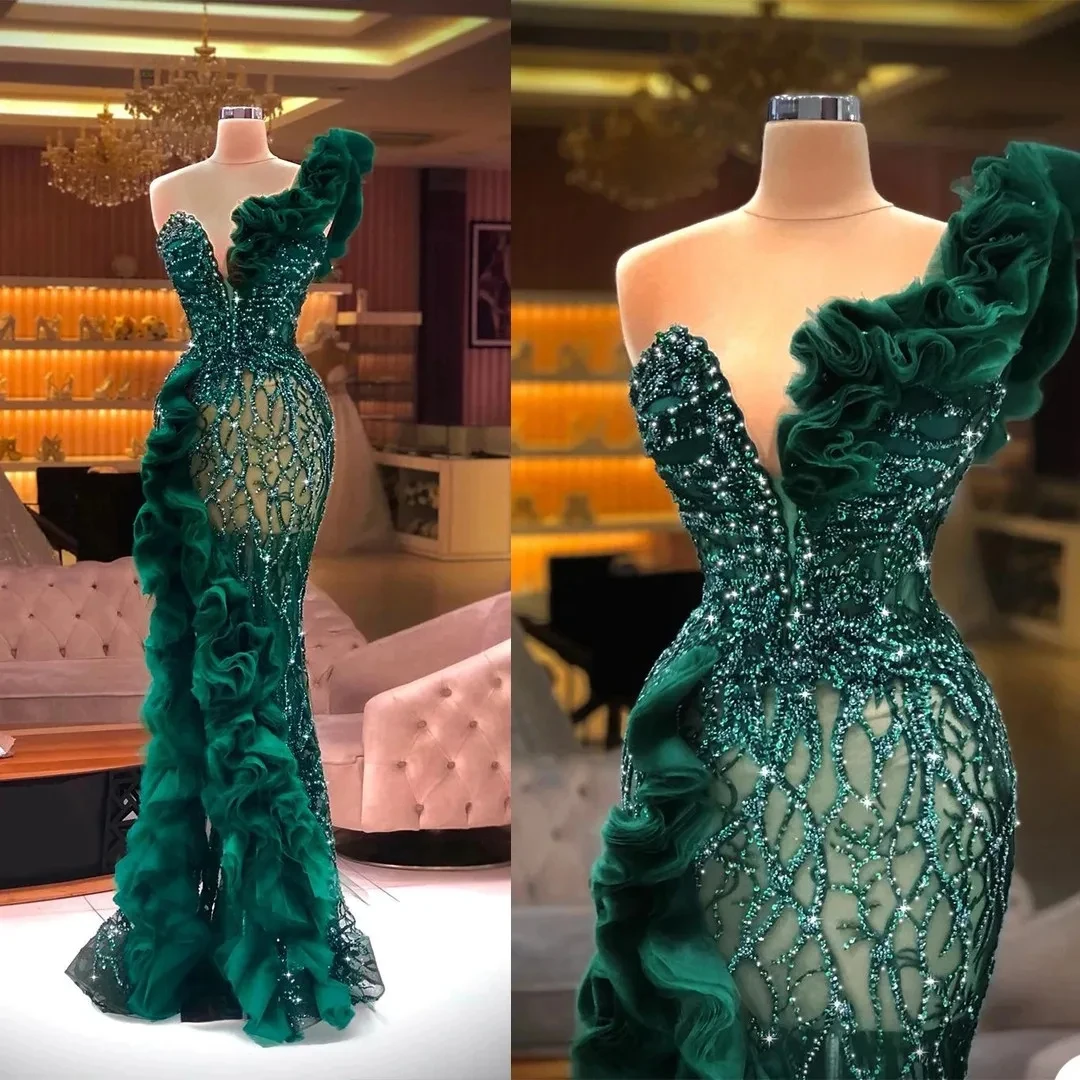 Luksusowe aplikacje z koralików suknie wieczorowe syrenka eleganckie boczne rozcięcie Ruffles tiulowa sukienka na studniówkę brokatowe cekiny suknie na formalne przyjęcie