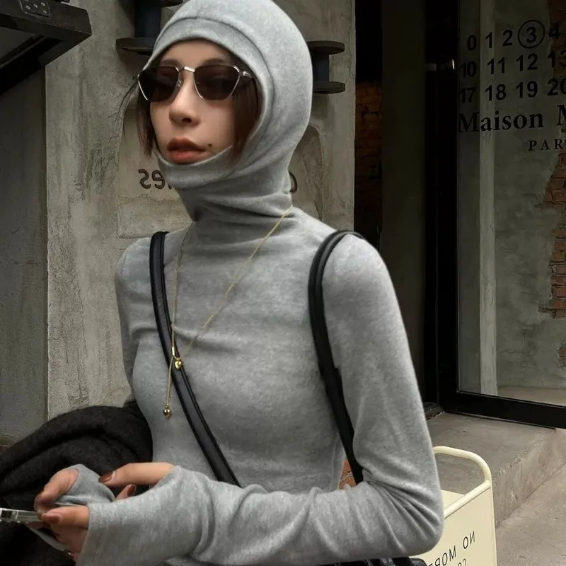 Jersey liso de manga larga con capucha para mujer, jerséis con capucha de cuello alto ajustados a la moda para otoño e invierno