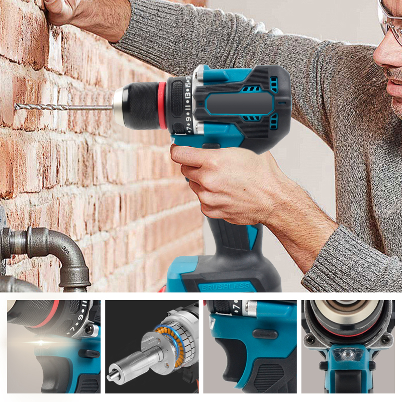 Perceuse à percussion compacte sans fil 1/2 pouces, 1700 tr/min, moteur sans balais, entraînement électrique au lithium adapté à la broche de batterie makita 18V