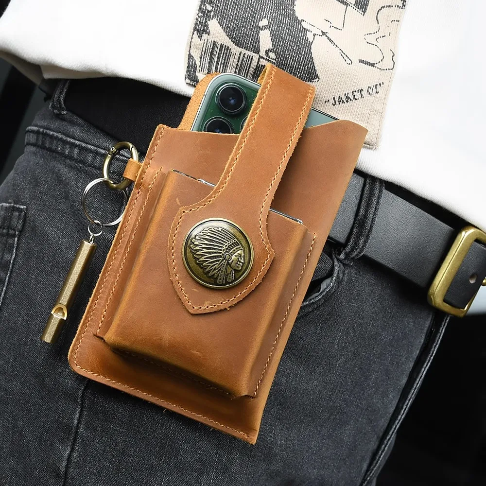 AIGUONIU Crazy Horse Stil Echtes Leder Taille Tasche Männer Anti-Diebstahl Mehrzweck Outdoor Wandern Handy Tasche Holster Fall
