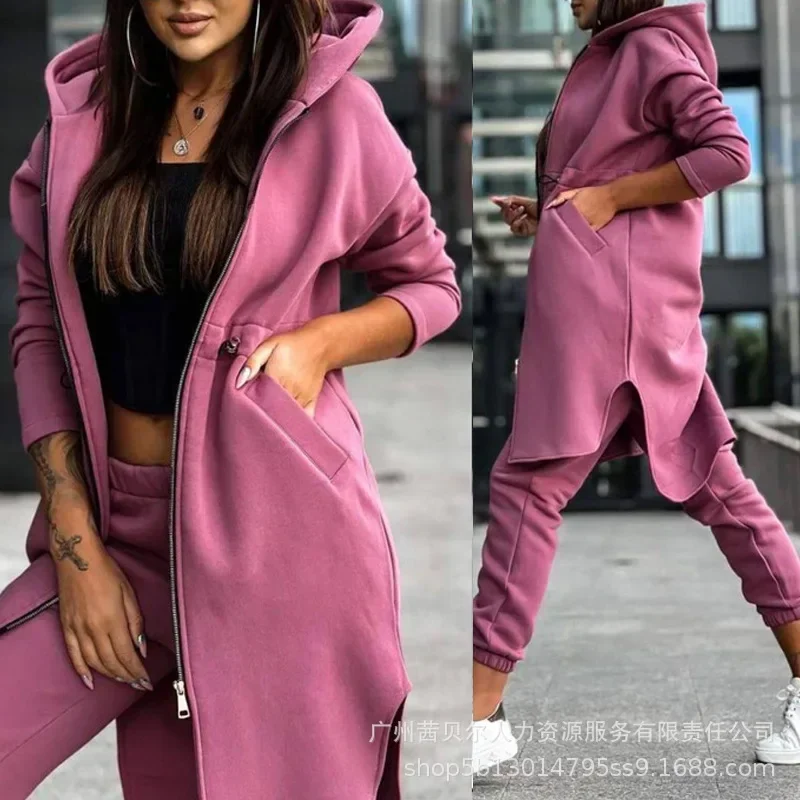 Otoño Invierno nueva chaqueta con capucha para mujer pantalones traje Casual diario Joker conjunto de dos piezas