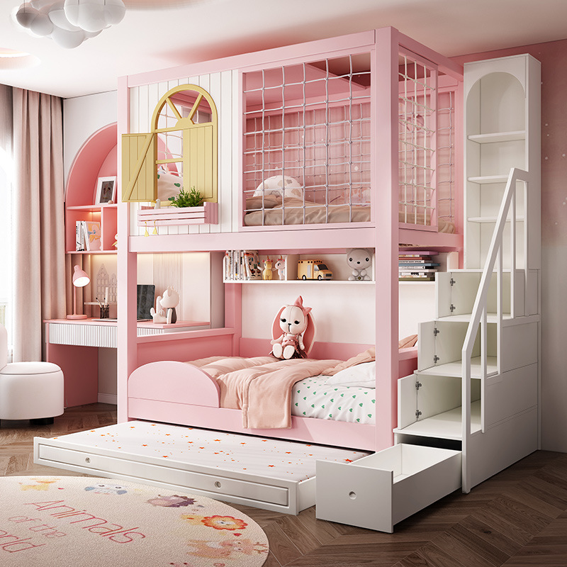 Muebles para niños de madera maciza completa, dos capas de camas de madera para niñas, camas de doble cubierta altas y bajas, cama principal y madre