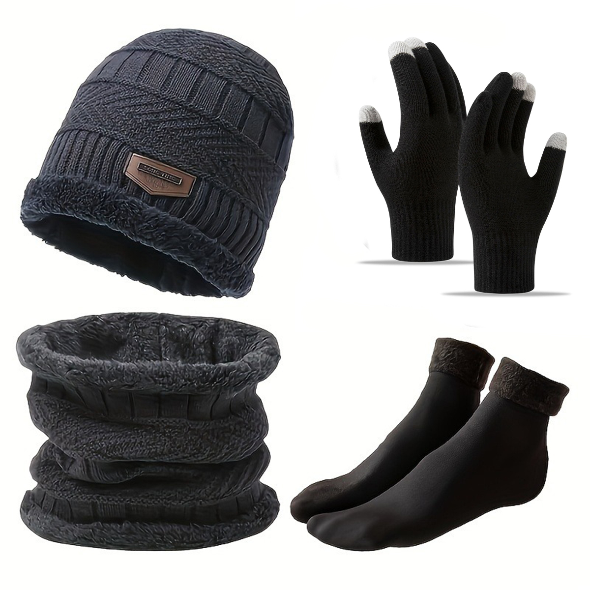 4-Piece Cozy Winter Accessory Set Soft Knitted Beanie glove socks and scarf Hand Washable Stretch Fit, Solid Color Design