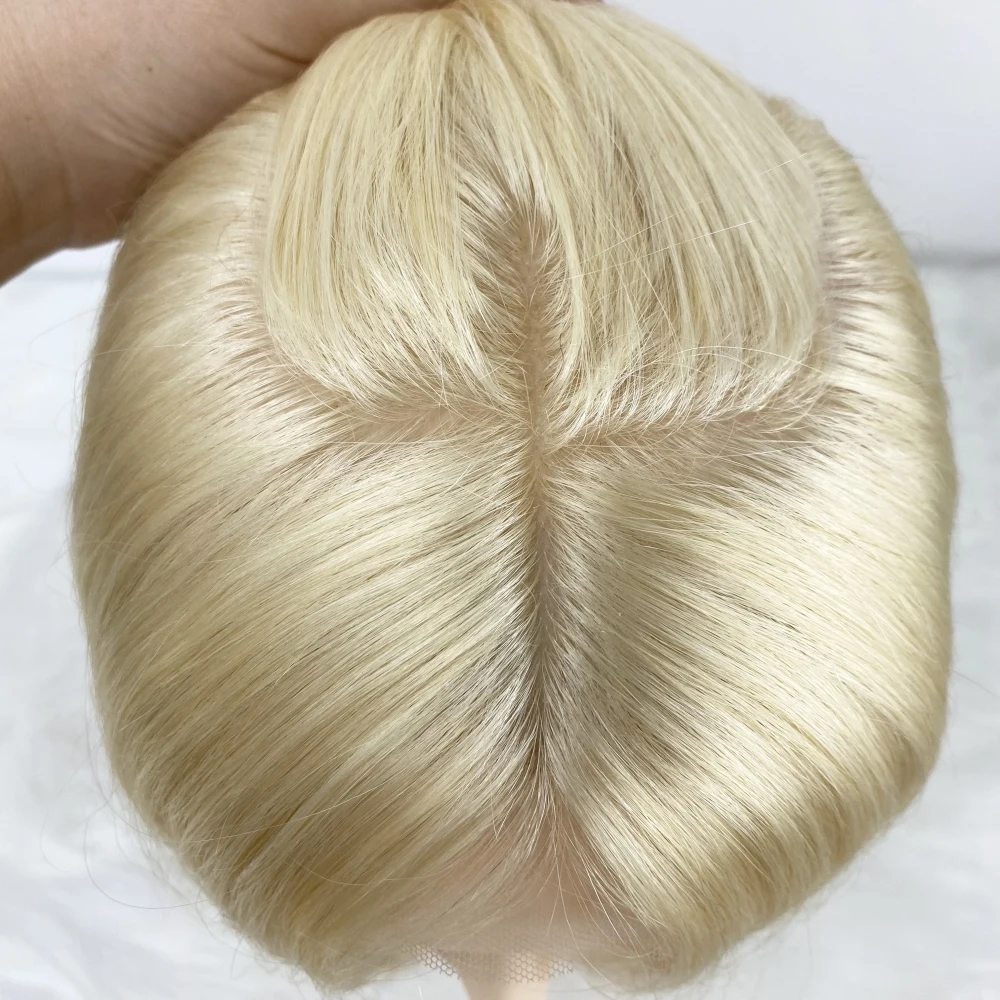 Cierre de encaje superior de seda # Cierre de encaje de cabello humano con Base de piel de silicona rubia 613 con Clip de pelo de bebé en extensiones de cabello Remy Topper