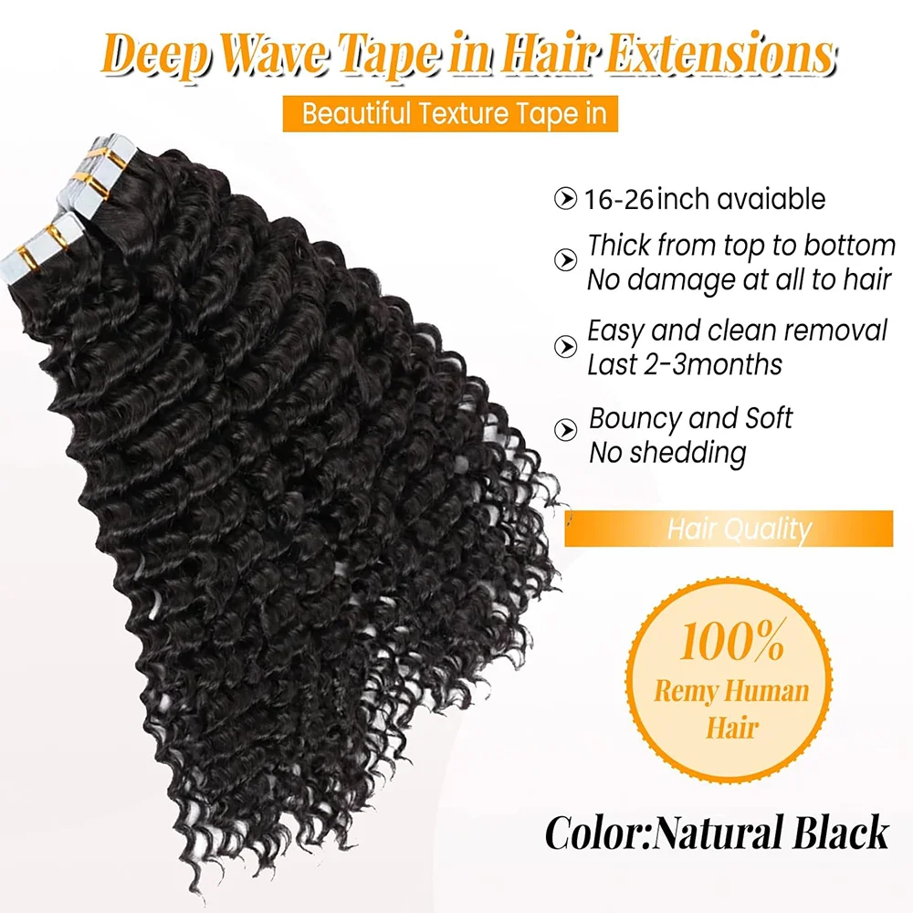 เทปต่อผมมนุษย์ผม Deep Wave ที่มองไม่เห็นบราซิล 100% ผมมนุษย์ธรรมชาติ Curly เทป Ins Extensions 16-26 นิ้ว