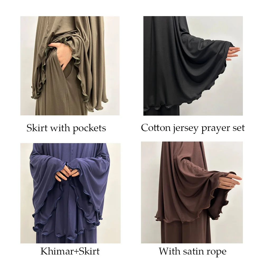 イスラム教徒の女性のための祈りのための綿のジャージーセット,伸縮性のある,イード,ラマダン,イスラム教,サテンのロープ,インスタントヒジャーブ,キマール,スカート,ポケット,2ピース,ジルバブ