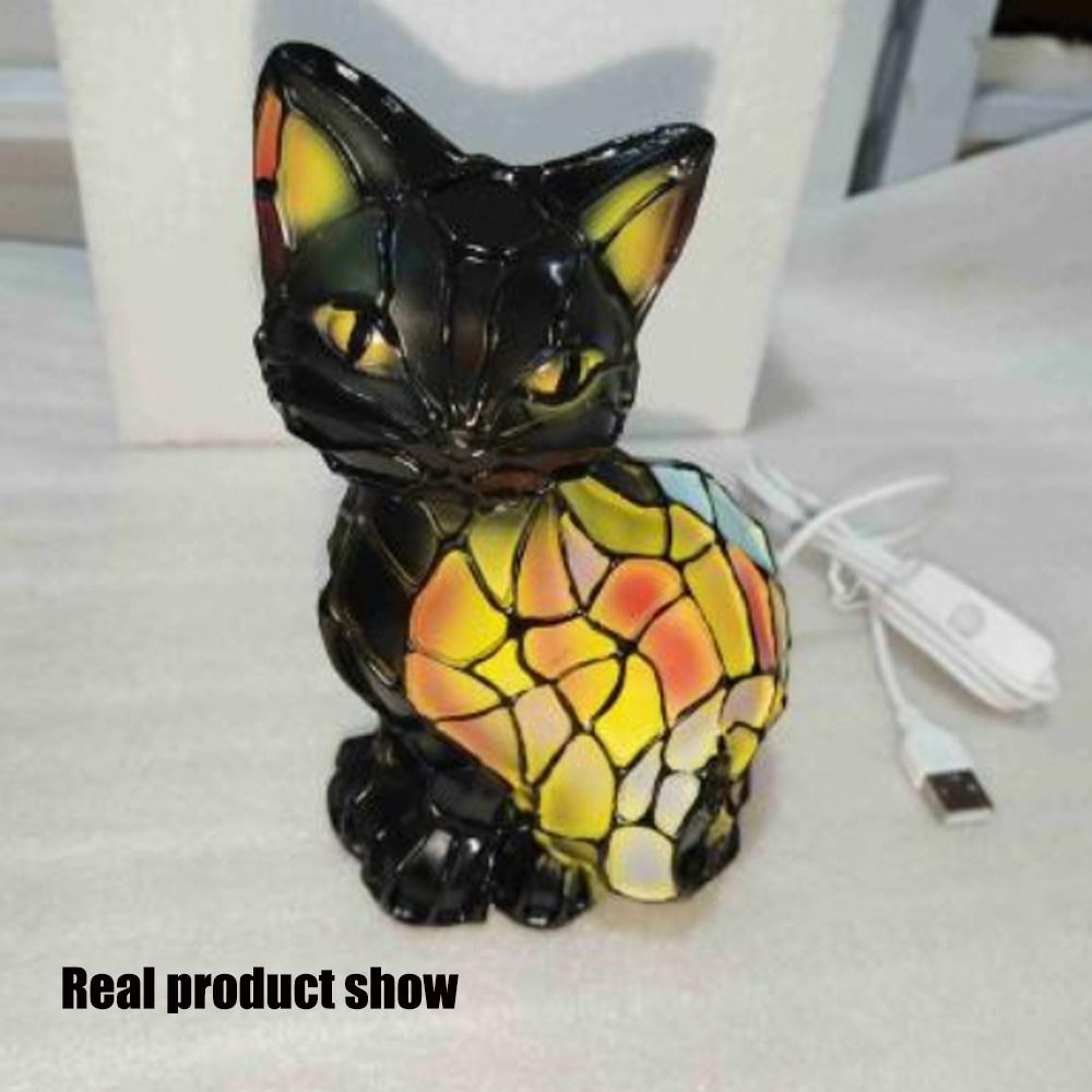 New Durable Stained Glass Cat Lamp Cats Stained Resin 3D Cute Tabletop Retro High Quality Pet Led Table Light Home Bedroom
