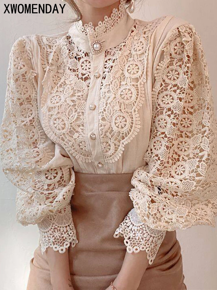 Camisa feminina de chiffon com gola alta chique elegante floral de renda fofa blusa longa de manga comprida oca grande 2024