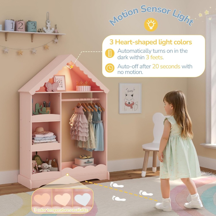 Pink Dollhouse Dress Up Storage with Full-Length Mirror and Motion Sensor Light Open Hanging Wardrobe Closet for Toddlers Costu