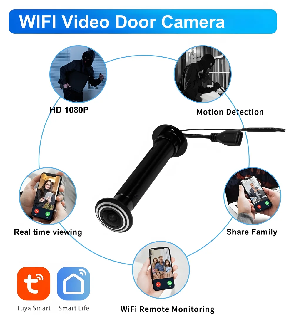 Tuya Smart 2.4G&5G Wifi Peephole Door Camera Motion Detection Digital Door Viewer Wireless Door Eye Camera Security Protection