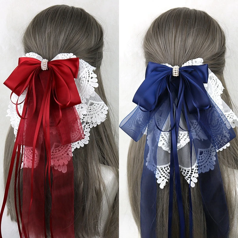 Lolita Band Schleife Stirnband mit Haarnadeln breites Haarband Spitze Rüschen Quasten Haarbänder süße Dame Haarschmuck Cosplay