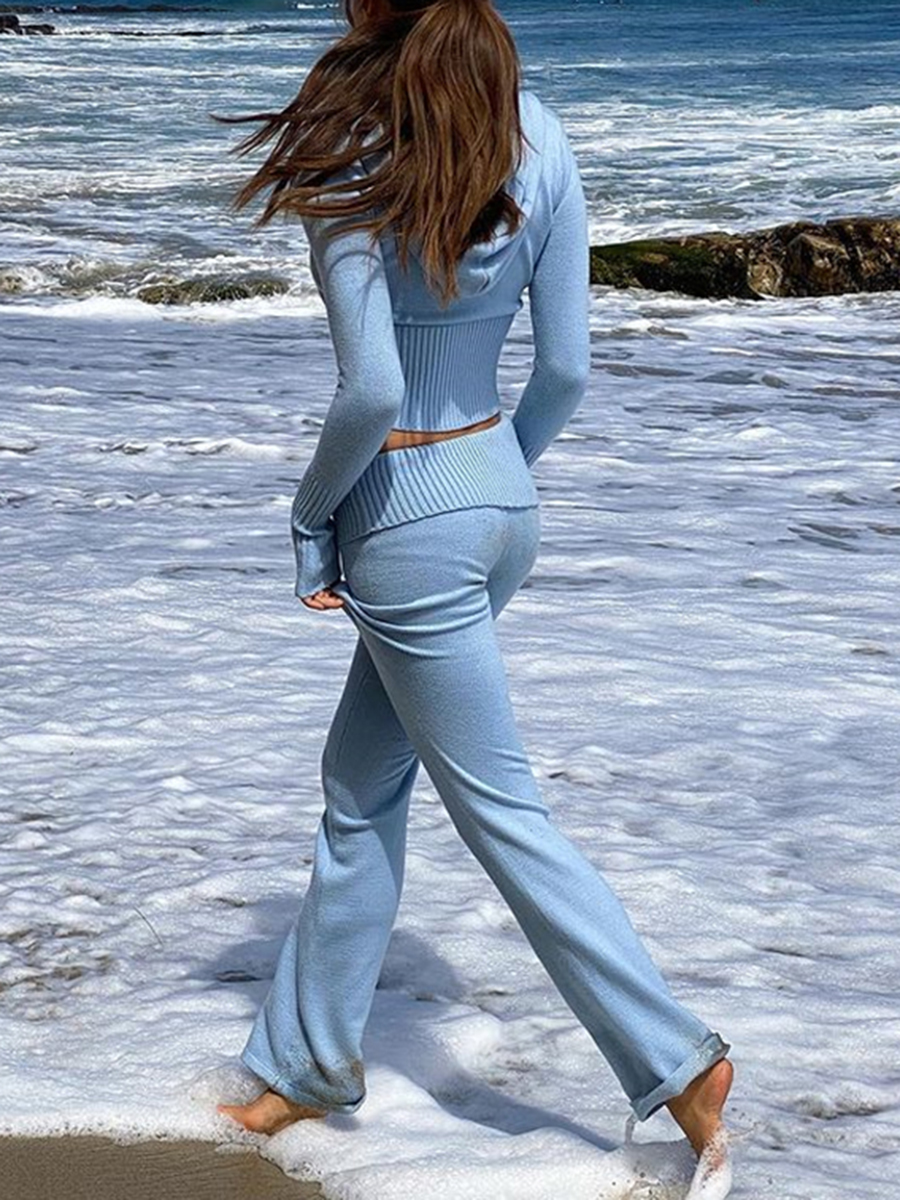 女性秋 2 ピース衣装リブニットスリムフィット長袖ジップアップクロップジャケットスキニーフレアパンツ部屋着セット