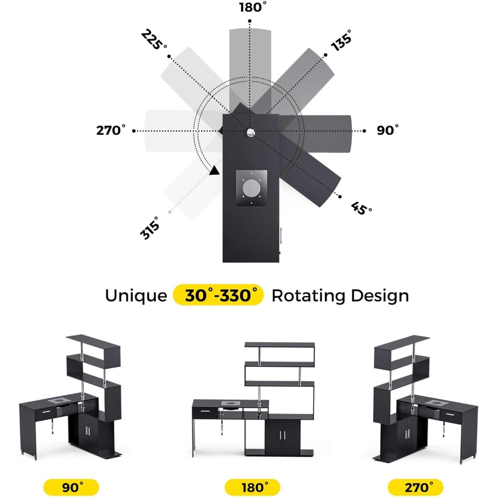Nail Tables.Manicure Table Nail Desk with Stool, Rotating L-Shaped Nail Tech Desk with Dust Collector, Two-Way Drawer, Cabinet