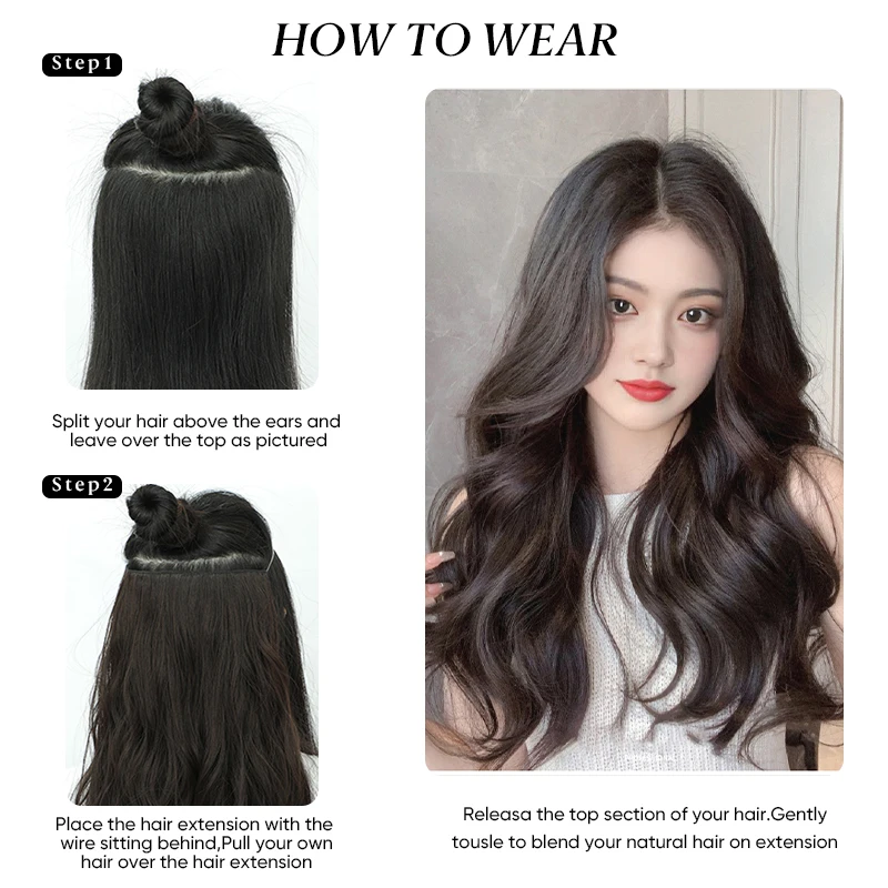 Extensões de cabelo de fio invisível sintético, resistente ao calor, sem clipes, longo, natural, ondulado, falso, para mulheres